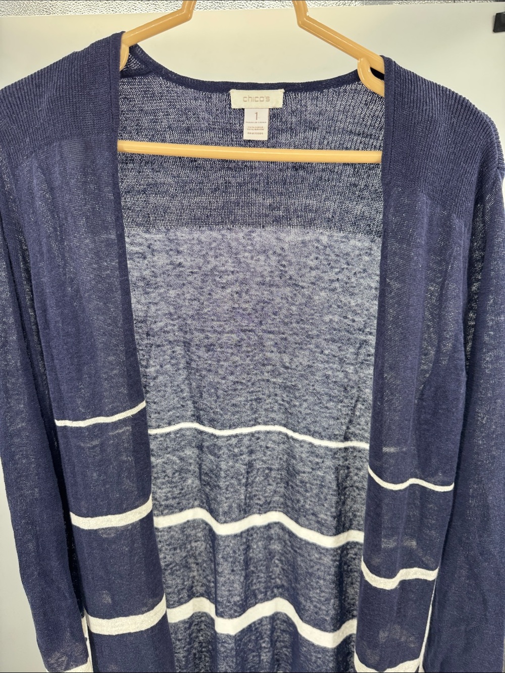 Chico's Navy White Striped Lightweight open front duster cardigan linen M stripe - Picture 8 of 10